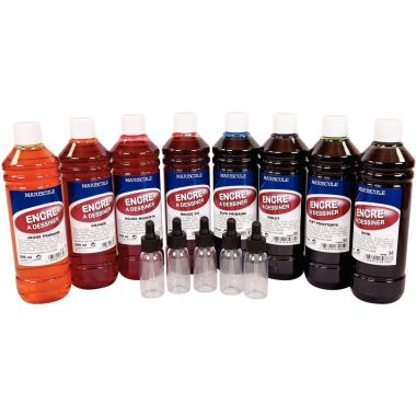 Lot de 8 Flacons 500ml d'encre à dessiner MAJUSCULE + 5 Flacons compte-gouttes offerts