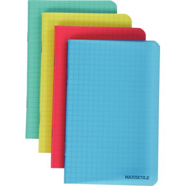 Carnet piqué 96 pages MAJUSCULE couverture polypropylène, format 9x14 cm, quadrillé 5x5, papier 90g, coloris assortis