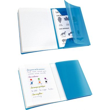 Piqûre 48 pages avec 2 rabats, format 17x22 cm, seyès 90g, couverture polypropylène bleu