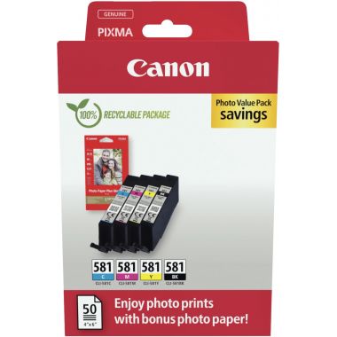 Canon 581 pack de 4 cartouches jet d'encre noire, cyan, magenta et jaune authentique (CLI581)