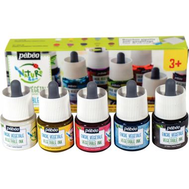 Set de 5 Flacons 45ml d'encre à dessiner végétale, couleurs primaires