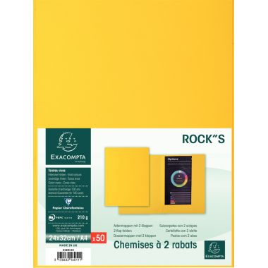 Exacompta - Paquet de 50 chemises 2 rabats ROCK"S 210g, format 24x32 cm, jaune - 216011E