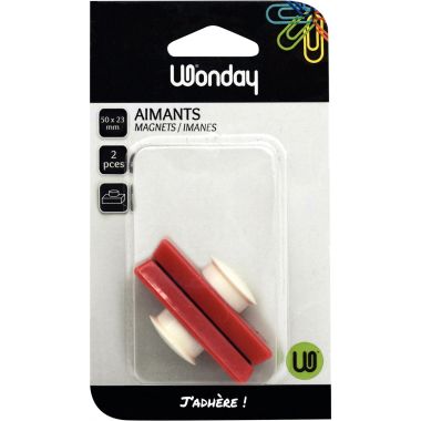 Blister de 2 aimants magnétiques, 23x50 mm, coloris rouge