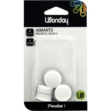 Blister de 6 punaises magnétiques, diamètre 22 mm. Blanc