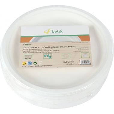 Paquet de 50 assiettes en fibres de cannes diamètre 26cm blanches