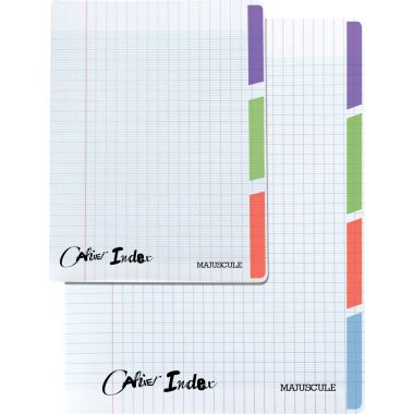 Piqûre 96 pages 3 index MAJUSCULE, format 17x22 cm, seyès, couverture polypropylène incolore