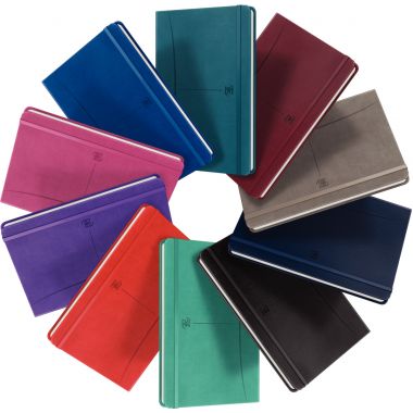 Carnet 160 pages SIGNATURE format A5, quadrillé 5x5, couverture rigide rembordée en simili cuir, coloris classiques assortis
