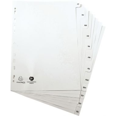 Jeu de 12 intercalaires mensuels en polypropylène gris recyclé, format A4