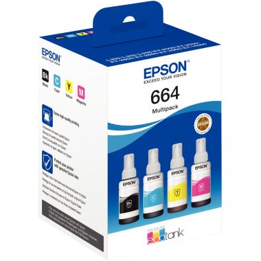 Epson 664 pack de de 4 flacons jet d'encre noire, cyan, magenta et jaune authentique (T664640)
