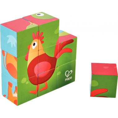 Boite de 9 puzzles cubes en bois, les animaux de la ferme