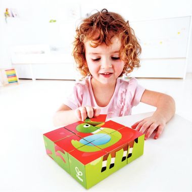 Boite de 9 puzzles cubes en bois, les animaux de la ferme
