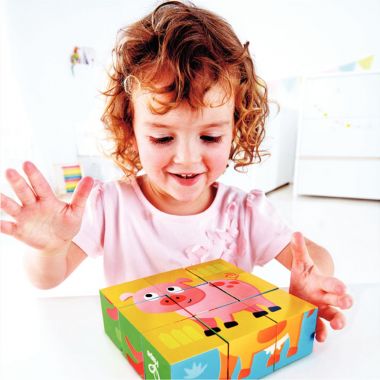 Boite de 9 puzzles cubes en bois, les animaux de la ferme