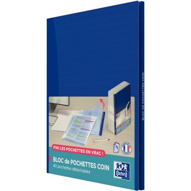 Bloc de 40 pochettes coin en polypropylène lisse 9/100ème, incolore