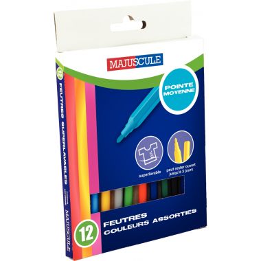 Pochette de 12 feutres Majuscule pointe moyenne assortis