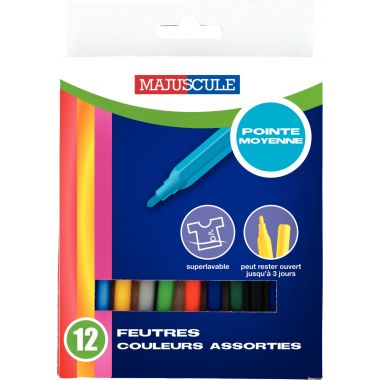 Pochette de 12 feutres Majuscule pointe moyenne assortis