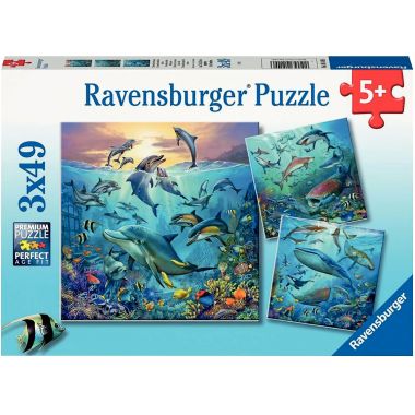 Lot de 3 puzzles 49 pièces en carton, le monde animal de l'océan