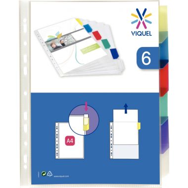 Jeu de 6 pochettes intercalaires en polypropylène + onglets colorés, format A4