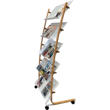 Présentoir mobile 15 compartiments blanc et bois