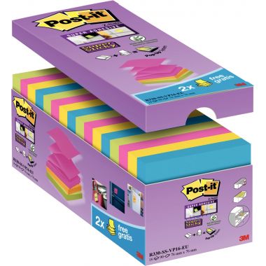 Pack de 16 blocs Znotes super sticky 76 x 76 mm coloris assortis dont 2 gratuits
