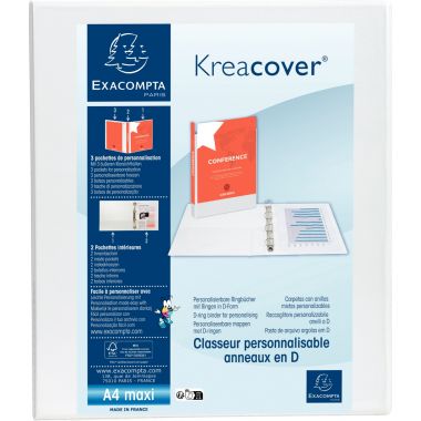 Classeur personnalisable KREACOVER format A4+, 4 anneaux diamètre 20 mm, blanc