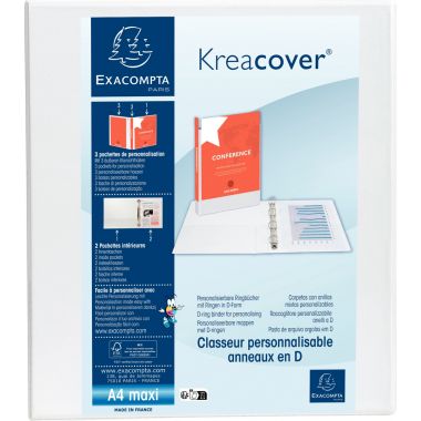 Classeur personnalisable KREACOVER format A4+, 4 anneaux diamètre 50 mm, blanc