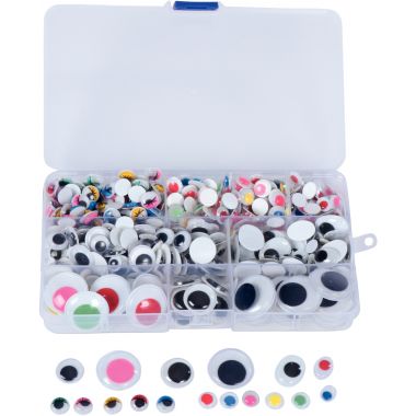 Boîte de 500 yeux adhésifs, tailles et couleurs assorties