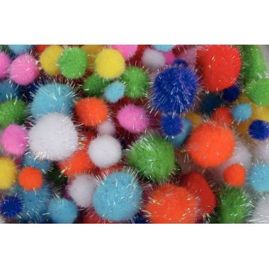 Sachet de 250 pompons irisés, tailles et couleurs assorties - 1.5 a 4.5 cm