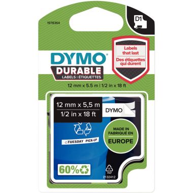 Recharge DYMO D1 12 mm x 5,5 m impression noire support blanc