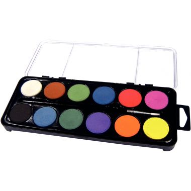 Boîte de 12 pastilles de gouache 30 mm couleurs assorties + 1 pinceau