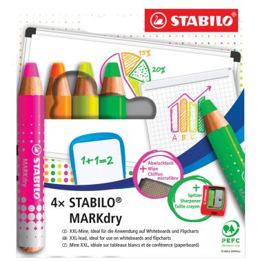 Etui de 4 crayons Markdry fluo + chiffonnette