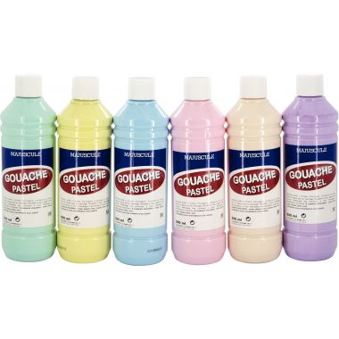 Carton de 6 Flacons 500ml de gouache pastel + 10 brosses plates synthétiques n°12