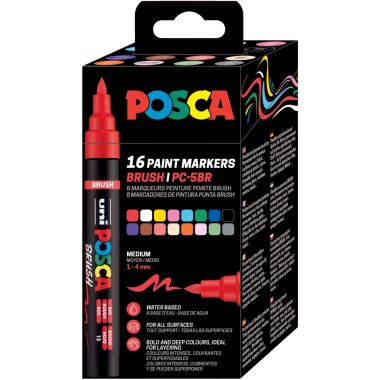 Boîte de 16 marqueurs Posca pointe moyenne brush assortis