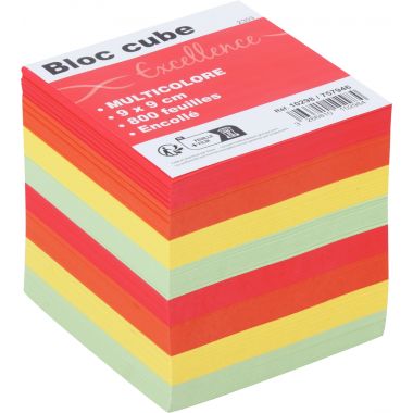 Bloc cube multicolore d'environ 800 feuilles encollées, dimensions : 9 x 9 x 7.5 cm