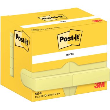 Post-it - Lot de 12 blocs notes de 100 feuilles post-it, 38 x 51 mm, coloris jaune - 23818
