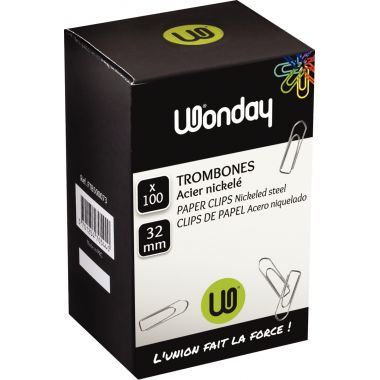 Boîte de 100 trombones 32 mm bout chevron nickelé