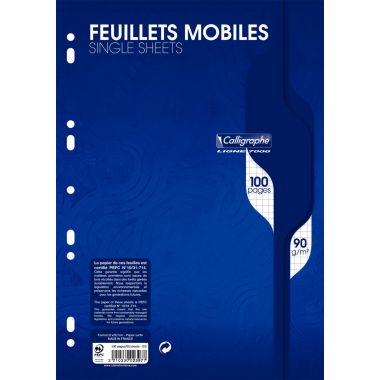 Sachet de 50 feuillets mobiles, format A4, quadrillé 5x5, papier 90g, blanc