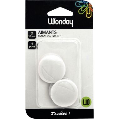 Blister de 4 punaises magnétiques, diamètre 32 mm. Blanc