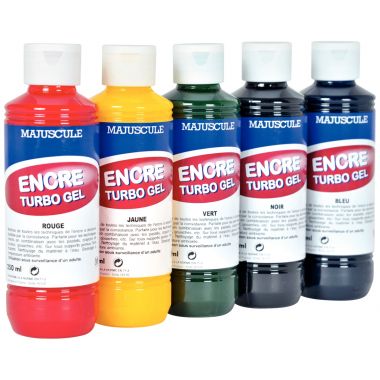 Boîte de 5 Flacons de 250 ml encre à dessiner turbo gel assortis + 12 tampons mousse offerts