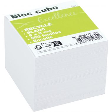 Bloc cube recyclé blanc d'environ 800 feuilles encollées, dimensions : 9 x 9 x 7.5 cm