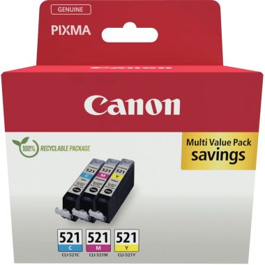 Canon 521 pack de 3 cartouches jet d'encre cyan, magenta et jaune authentique (CLI521CMJ)
