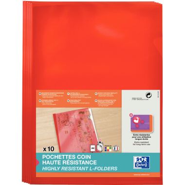 Paquet de 10 pochettes coin en PVC lisse 15/100ème, rouge