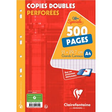 Etui de 125 copies doubles perforées, format A4, seyès, papier 90g, blanc