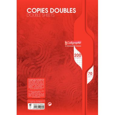 Sachet de 50 copies doubles NON perforées, format A4, quadrillé 5x5, papier 70g, blanc