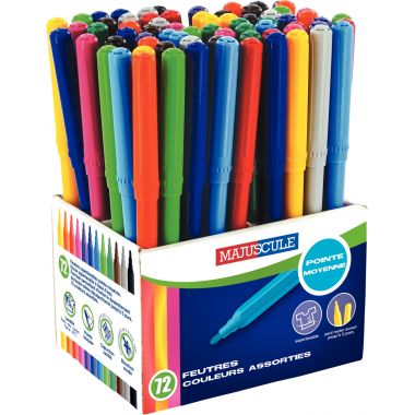 Pot de 72 feutres Majuscule pointe moyenne assortis