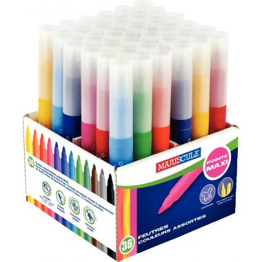 Pot de 36 feutres Majuscule pointe large assortis
