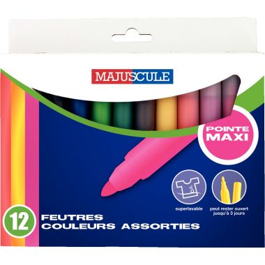 Pochette de 12 feutres Majuscule pointe large assortis