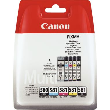 Canon 580 / 581 pack de 5 cartouches jet d'encre noire photo, noire, cyan, magenta et jaune authentique (PGI580PGBK / CLI581BKCMJ)
