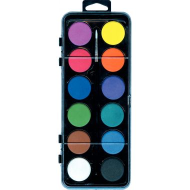 Boîte de 12 pastilles de gouache 30 mm couleurs assorties + 1 pinceau