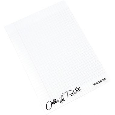Cahier de poésie 48 pages MAJUSCULE, 17x22 cm, seyès/uni 120g, couverture PP incolore