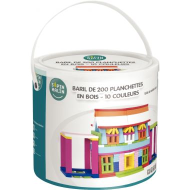 Baril de 200 planchettes en bois de couleurs assorties